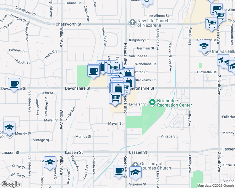 map of restaurants, bars, coffee shops, grocery stores, and more near 10235 Reseda Boulevard in Los Angeles