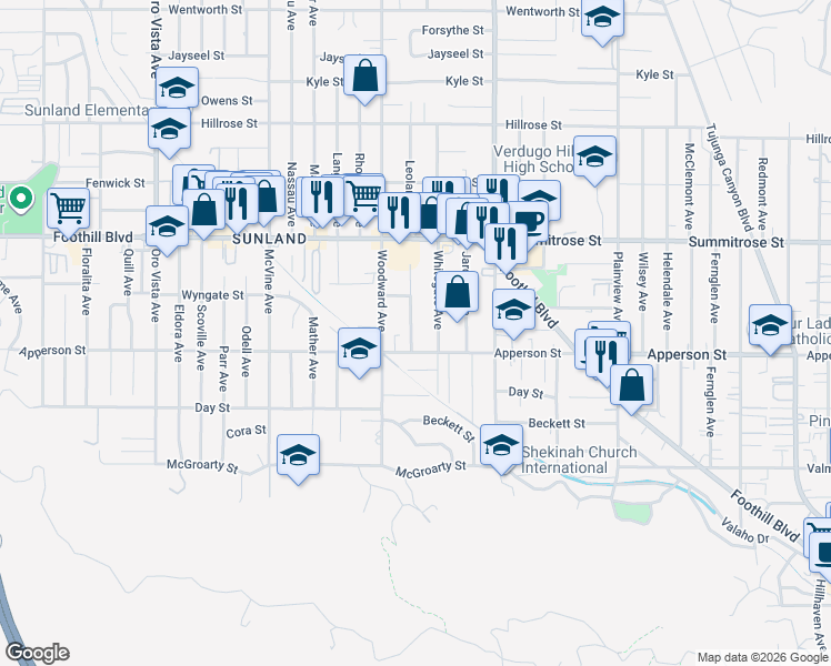 map of restaurants, bars, coffee shops, grocery stores, and more near 10318 Leolang Avenue in Los Angeles
