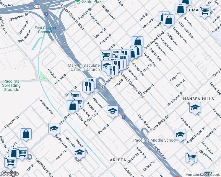 map of restaurants, bars, coffee shops, grocery stores, and more near 13801 Hoyt Street in Los Angeles