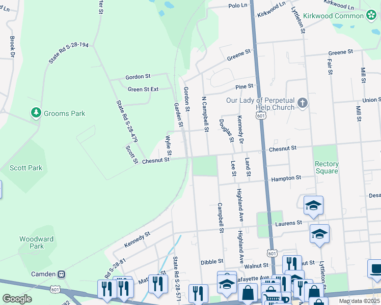 map of restaurants, bars, coffee shops, grocery stores, and more near 1707 Gordon Street in Camden