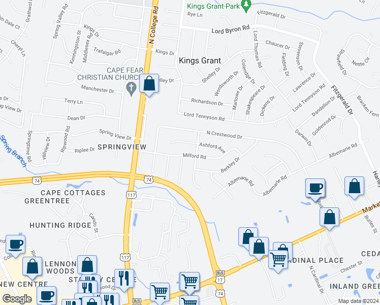 map of restaurants, bars, coffee shops, grocery stores, and more near 4745 Milford Road in Wilmington