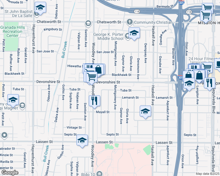 map of restaurants, bars, coffee shops, grocery stores, and more near 16049 Tuba Street in Los Angeles