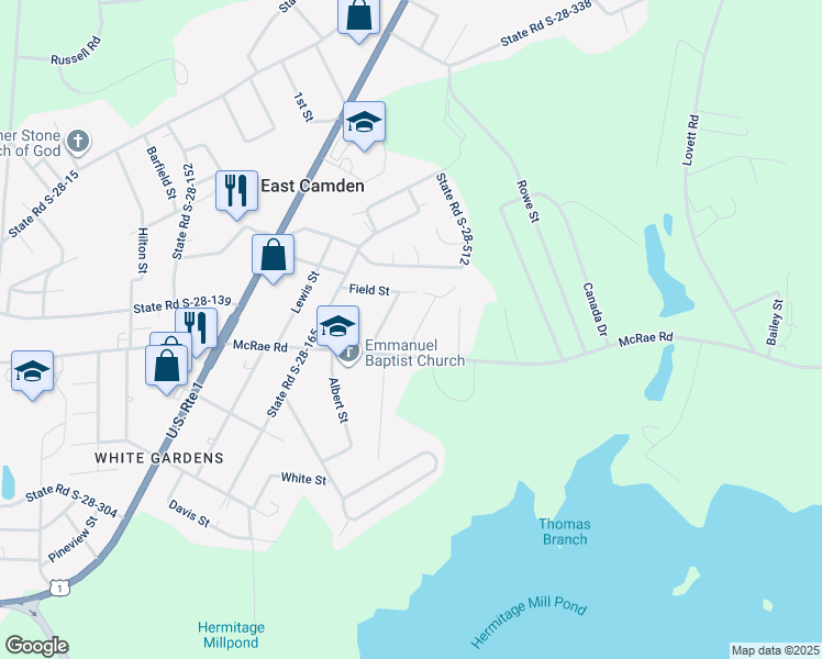 map of restaurants, bars, coffee shops, grocery stores, and more near 1603 Shannon Street in Camden