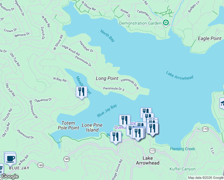 map of restaurants, bars, coffee shops, grocery stores, and more near 27913 Peninsula Drive in Lake Arrowhead