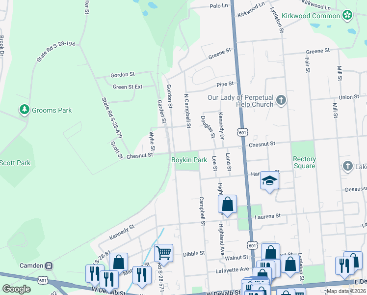 map of restaurants, bars, coffee shops, grocery stores, and more near 1705 Campbell Street in Camden