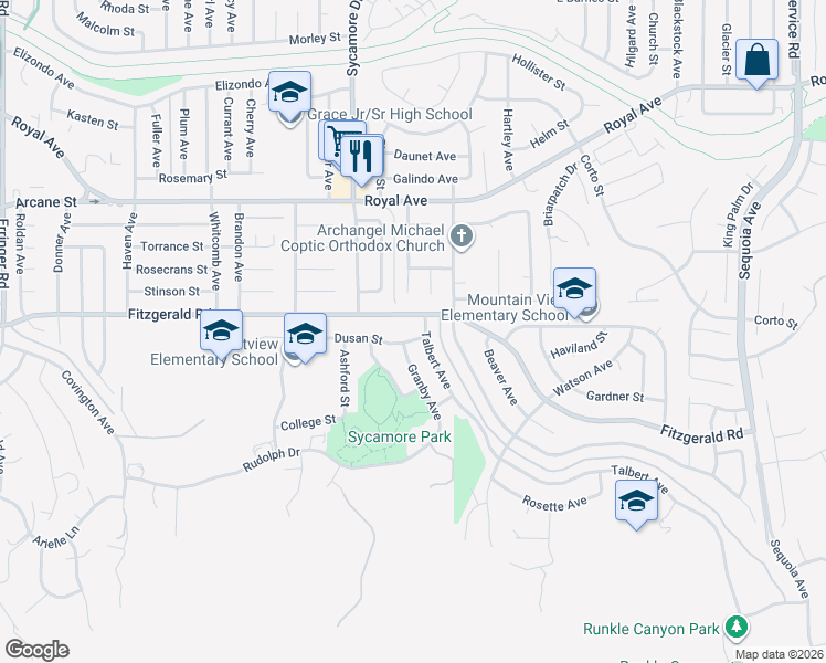 map of restaurants, bars, coffee shops, grocery stores, and more near 2643 Dusan Street in Simi Valley