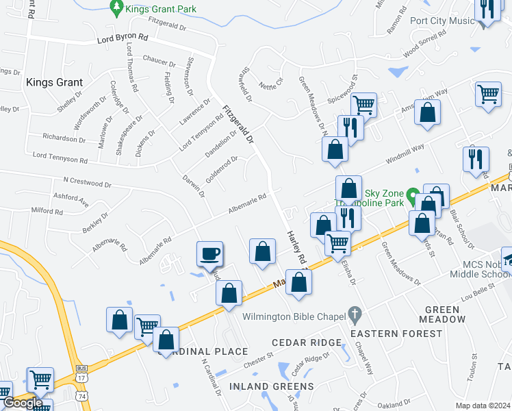 map of restaurants, bars, coffee shops, grocery stores, and more near 113 Albemarle Road in Wilmington