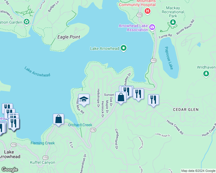 map of restaurants, bars, coffee shops, grocery stores, and more near 381 Maple Drive in Lake Arrowhead