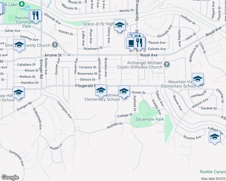 map of restaurants, bars, coffee shops, grocery stores, and more near 2359 Dusan Street in Simi Valley