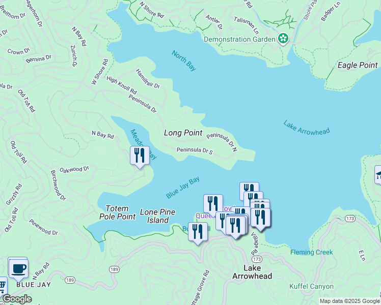 map of restaurants, bars, coffee shops, grocery stores, and more near 27913 Peninsula Drive in Lake Arrowhead
