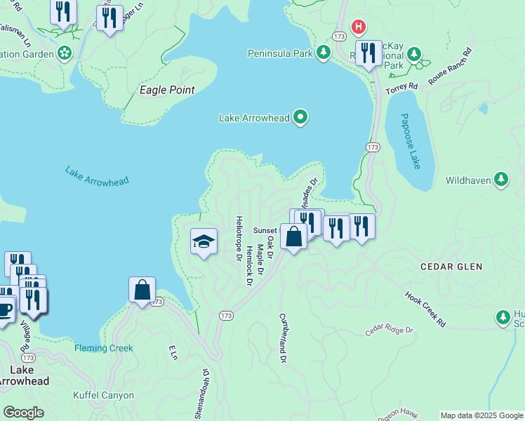 map of restaurants, bars, coffee shops, grocery stores, and more near 381 Maple Drive in Lake Arrowhead