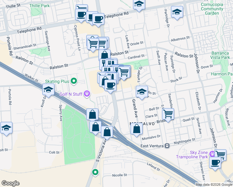 map of restaurants, bars, coffee shops, grocery stores, and more near 5999 8th Street in Ventura