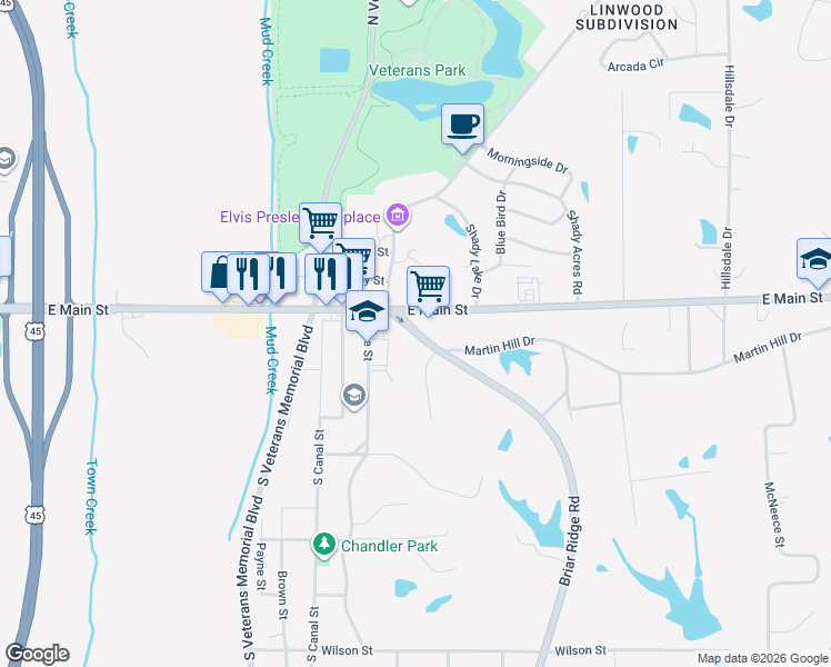 map of restaurants, bars, coffee shops, grocery stores, and more near 106 Briar Ridge Road in Tupelo
