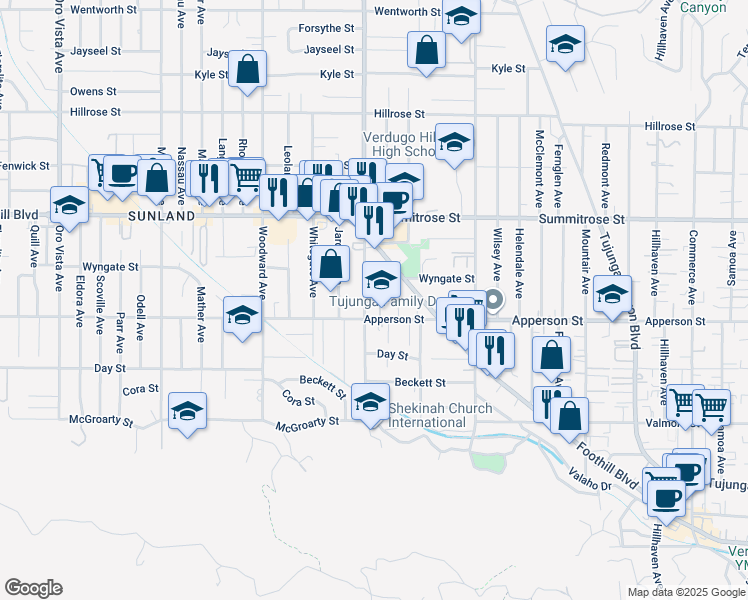 map of restaurants, bars, coffee shops, grocery stores, and more near 7746 Wyngate Street in Los Angeles
