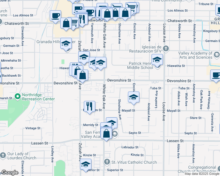 map of restaurants, bars, coffee shops, grocery stores, and more near 10241 White Oak Avenue in Los Angeles