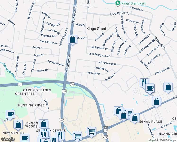 map of restaurants, bars, coffee shops, grocery stores, and more near 4737 Milford Road in Wilmington