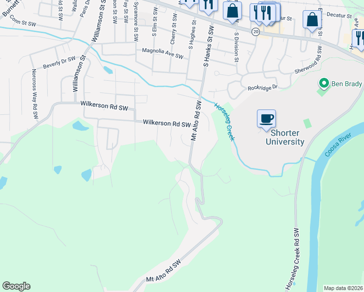 map of restaurants, bars, coffee shops, grocery stores, and more near 9 Foothills Drive Southwest in Rome