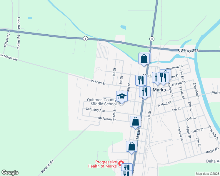 map of restaurants, bars, coffee shops, grocery stores, and more near 600 West Main Street in Marks