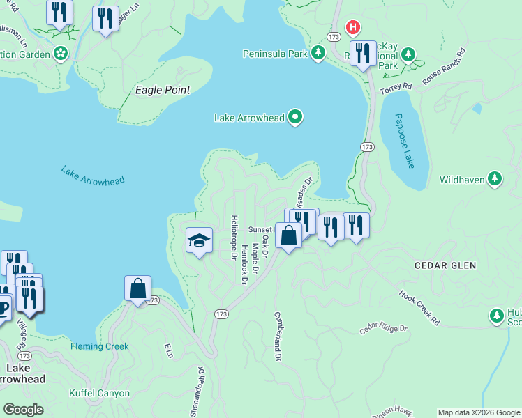 map of restaurants, bars, coffee shops, grocery stores, and more near 413 Palisades Court in Lake Arrowhead