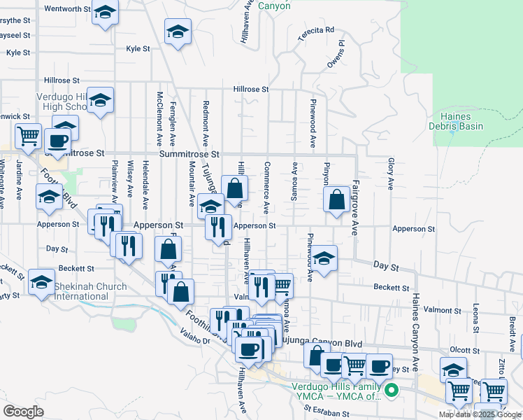 map of restaurants, bars, coffee shops, grocery stores, and more near 10330 Commerce Avenue in Los Angeles