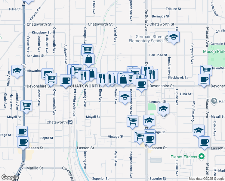 map of restaurants, bars, coffee shops, grocery stores, and more near 10247 Variel Avenue in Los Angeles