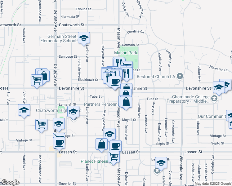 map of restaurants, bars, coffee shops, grocery stores, and more near 20520 Devonshire Street in Los Angeles