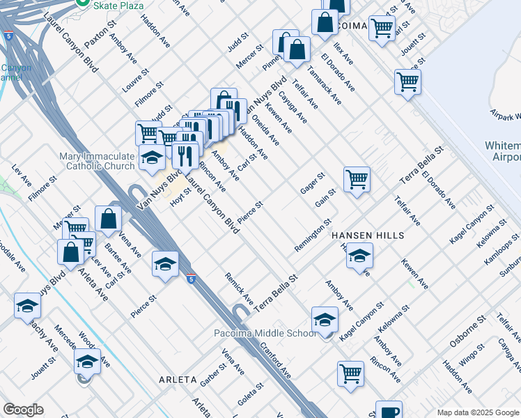 map of restaurants, bars, coffee shops, grocery stores, and more near 13532 Pierce Street in Los Angeles