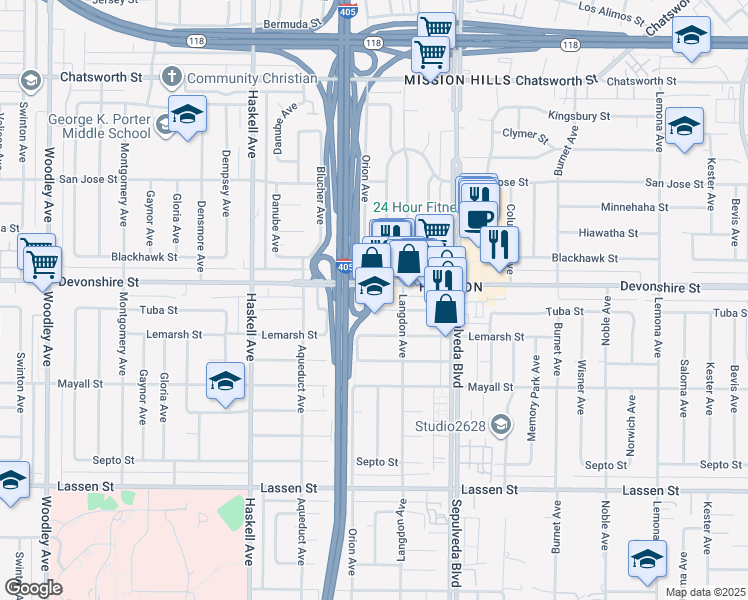 map of restaurants, bars, coffee shops, grocery stores, and more near 15535 Tuba Street in Los Angeles