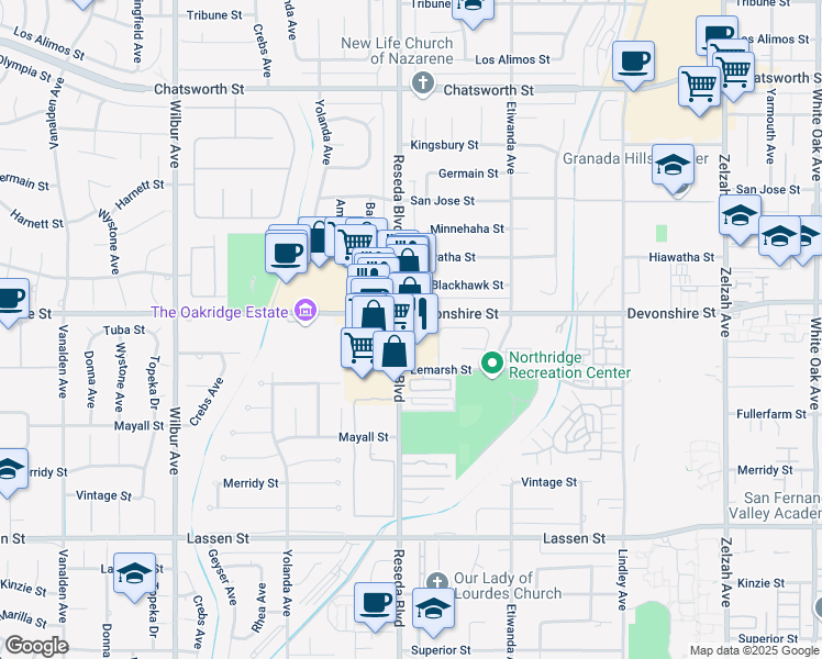 map of restaurants, bars, coffee shops, grocery stores, and more near 18473 Devonshire Street in Los Angeles