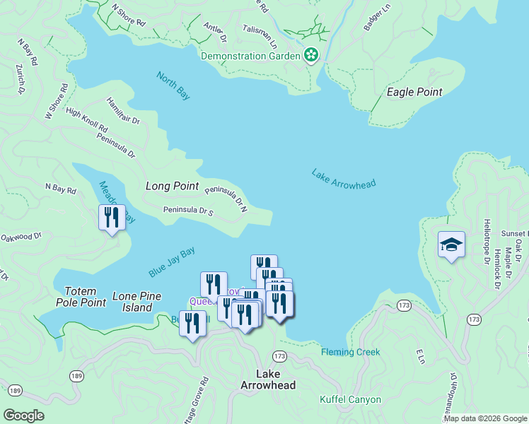 map of restaurants, bars, coffee shops, grocery stores, and more near 28136 Point Hamiltair Lane in Lake Arrowhead