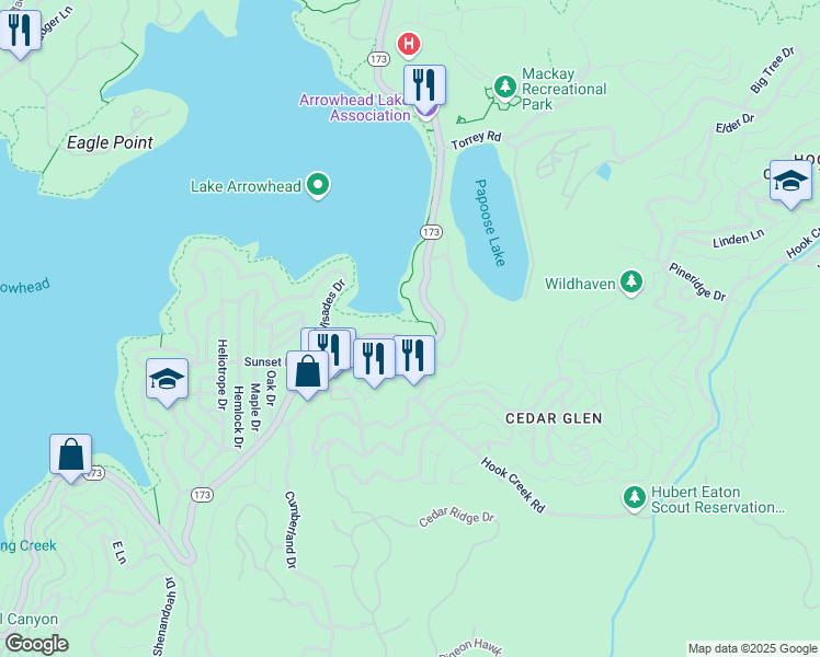 map of restaurants, bars, coffee shops, grocery stores, and more near 362 California 173 in Lake Arrowhead