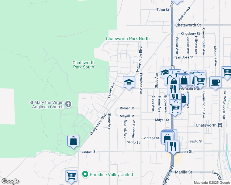 map of restaurants, bars, coffee shops, grocery stores, and more near 22306 Devonshire Street in Los Angeles