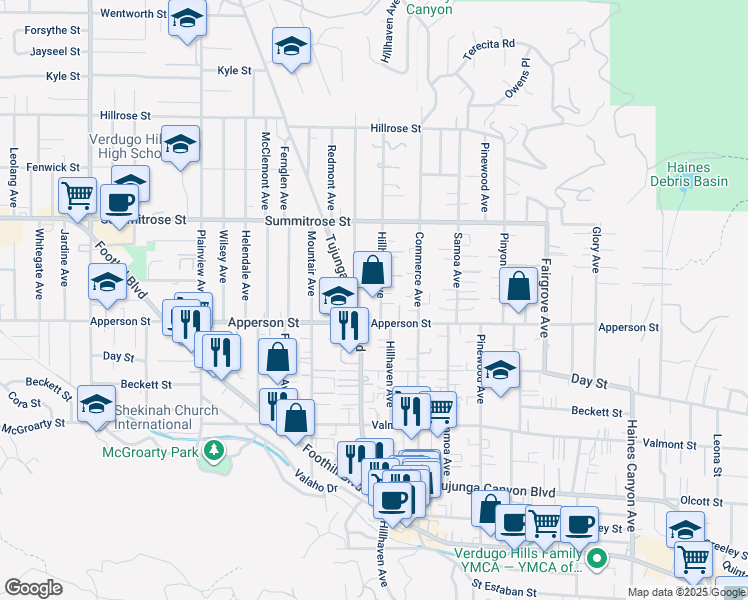 map of restaurants, bars, coffee shops, grocery stores, and more near 10327 Hillhaven Avenue in Los Angeles