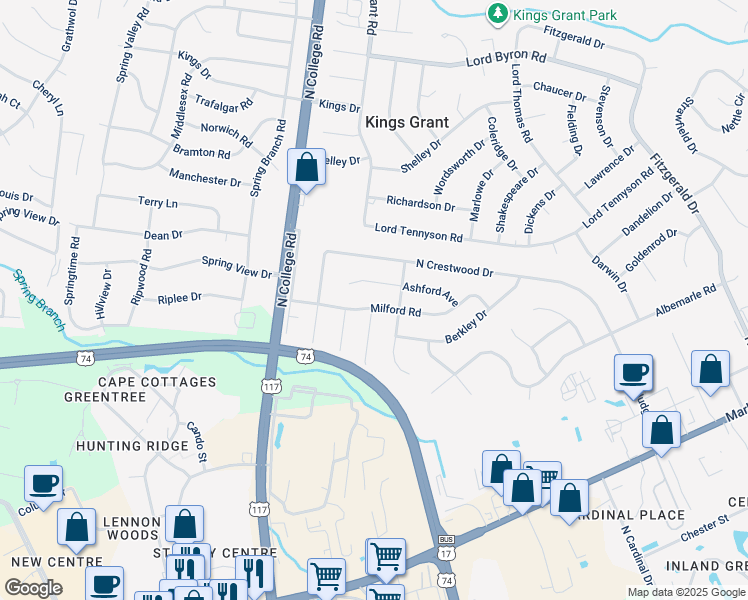 map of restaurants, bars, coffee shops, grocery stores, and more near 4737 Milford Road in Wilmington