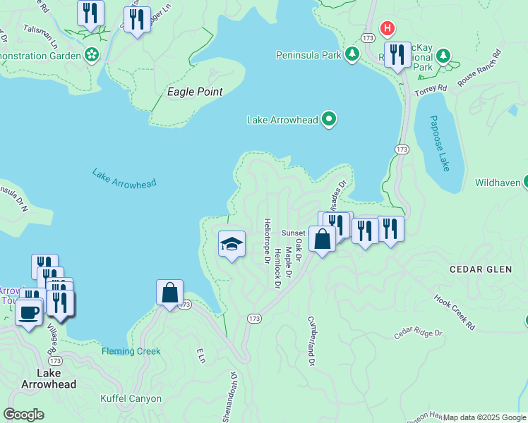 map of restaurants, bars, coffee shops, grocery stores, and more near 388 Heliotrope Drive in Lake Arrowhead