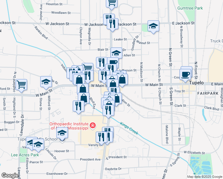 map of restaurants, bars, coffee shops, grocery stores, and more near 102 South Gloster Street in Tupelo