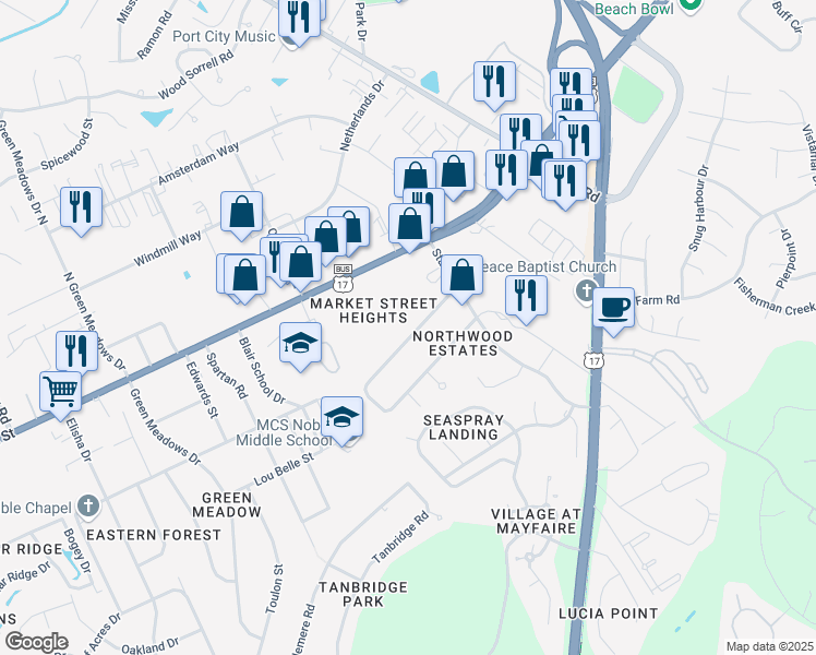 map of restaurants, bars, coffee shops, grocery stores, and more near 18 Northwood Drive in Wilmington