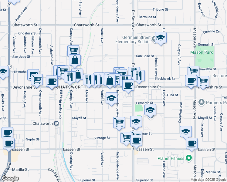 map of restaurants, bars, coffee shops, grocery stores, and more near 21014 Devonshire Street in Los Angeles