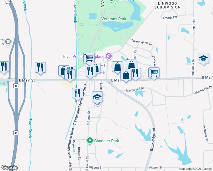 map of restaurants, bars, coffee shops, grocery stores, and more near 102-106 Briar Ridge Road in Tupelo