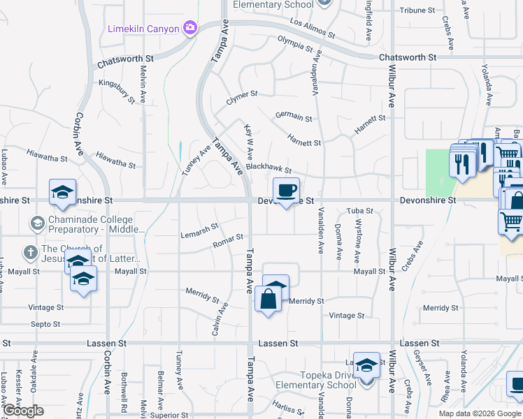 map of restaurants, bars, coffee shops, grocery stores, and more near 10241 Deerfield Lane in Los Angeles