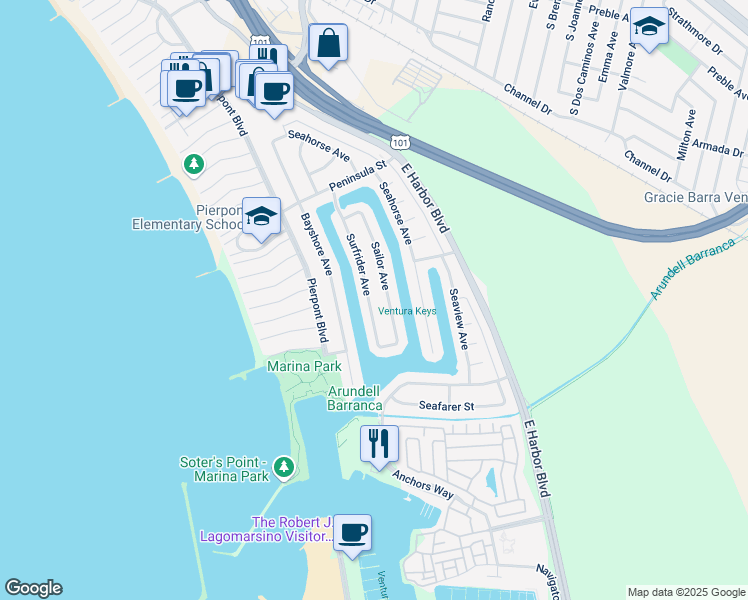 map of restaurants, bars, coffee shops, grocery stores, and more near 2906 Surfrider Avenue in Ventura