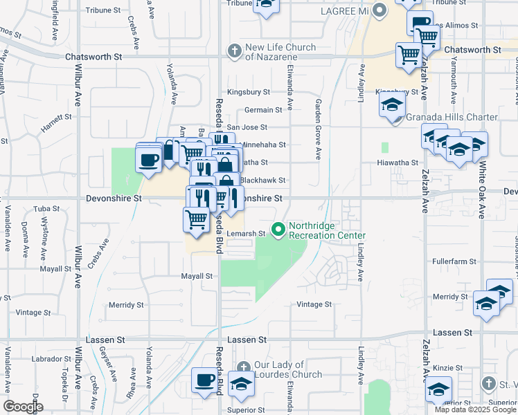 map of restaurants, bars, coffee shops, grocery stores, and more near 18331 Tuba Street in Los Angeles