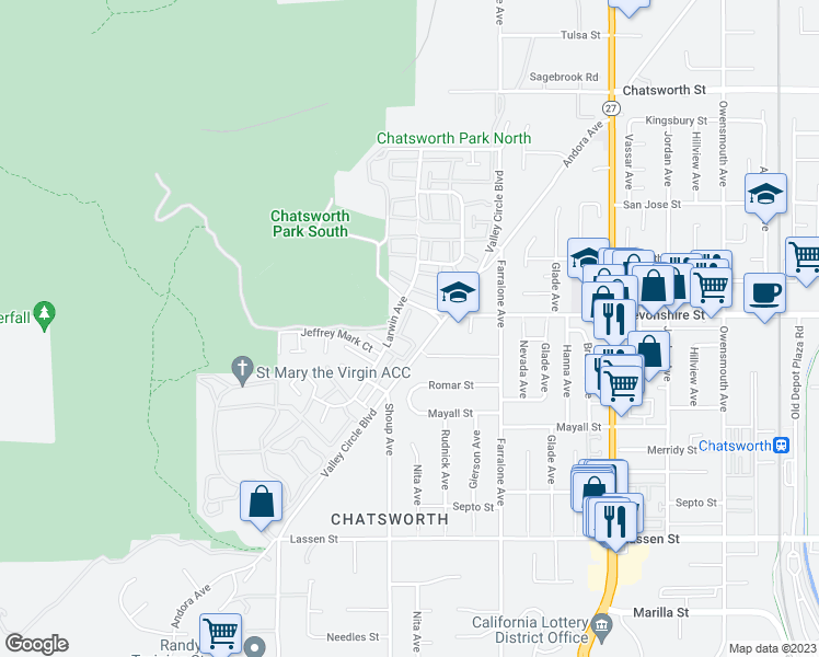 map of restaurants, bars, coffee shops, grocery stores, and more near 22306 Devonshire Street in Los Angeles