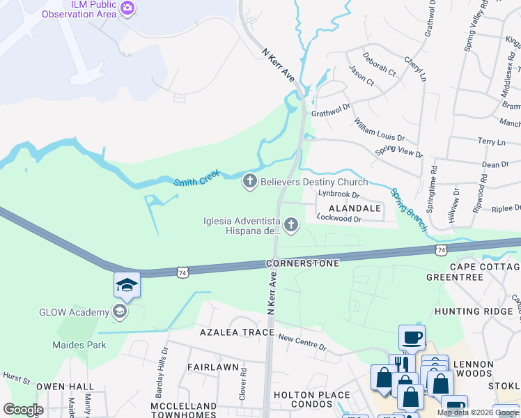 map of restaurants, bars, coffee shops, grocery stores, and more near 1157 North Kerr Avenue in Wilmington