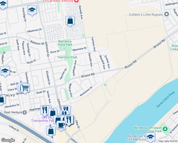 map of restaurants, bars, coffee shops, grocery stores, and more near 7266 Kodiak Street in Ventura