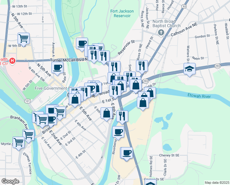 map of restaurants, bars, coffee shops, grocery stores, and more near 801 Broad Street in Rome