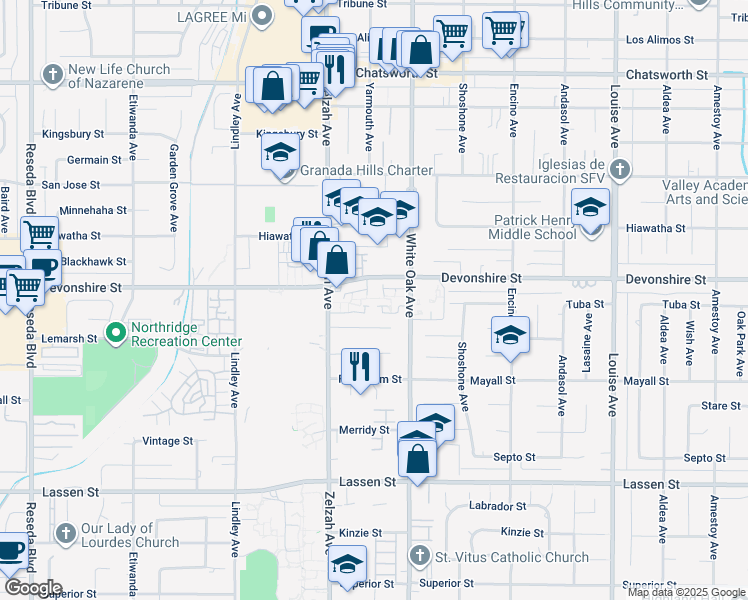 map of restaurants, bars, coffee shops, grocery stores, and more near 17738 Devonshire Street in Los Angeles