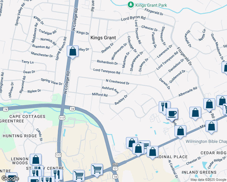 map of restaurants, bars, coffee shops, grocery stores, and more near 321 Ashford Avenue in Wilmington