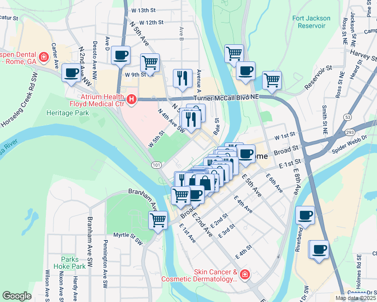 map of restaurants, bars, coffee shops, grocery stores, and more near 338 West 3rd Street in Rome