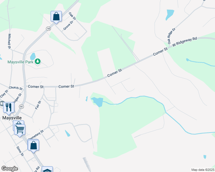 map of restaurants, bars, coffee shops, grocery stores, and more near 132 Ridgeway Drive in Maysville